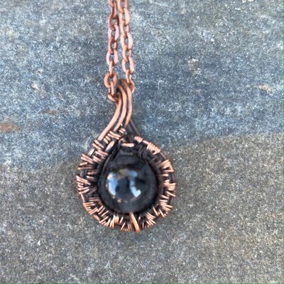 Tourmalinated Quartz in Copper Wire Weave Pendant