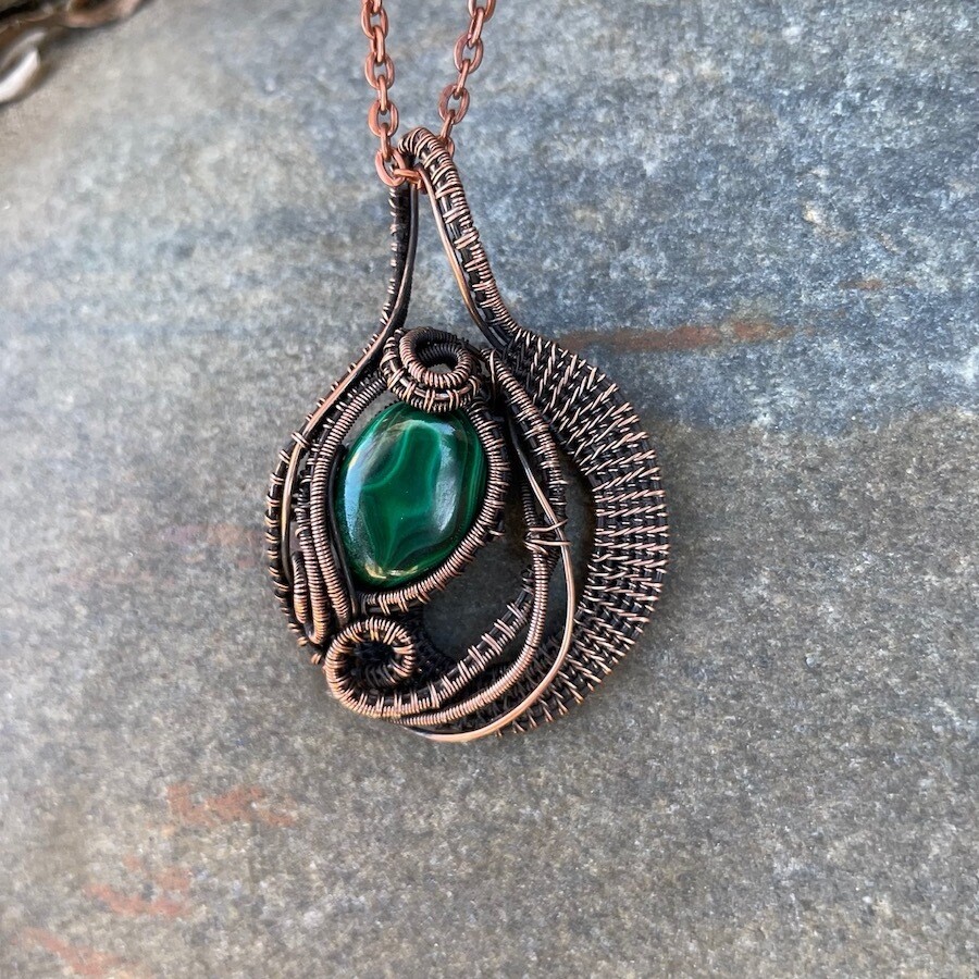 Malachite in Copper Wire Weave Pendant