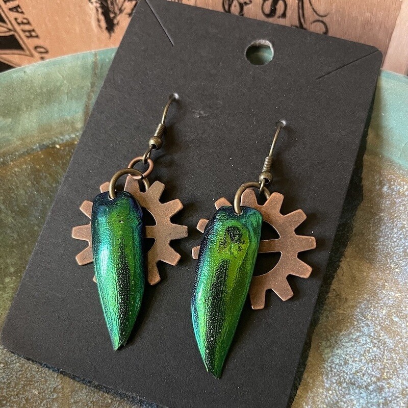 Earrings with Steampunk Gears and Beetle Wings