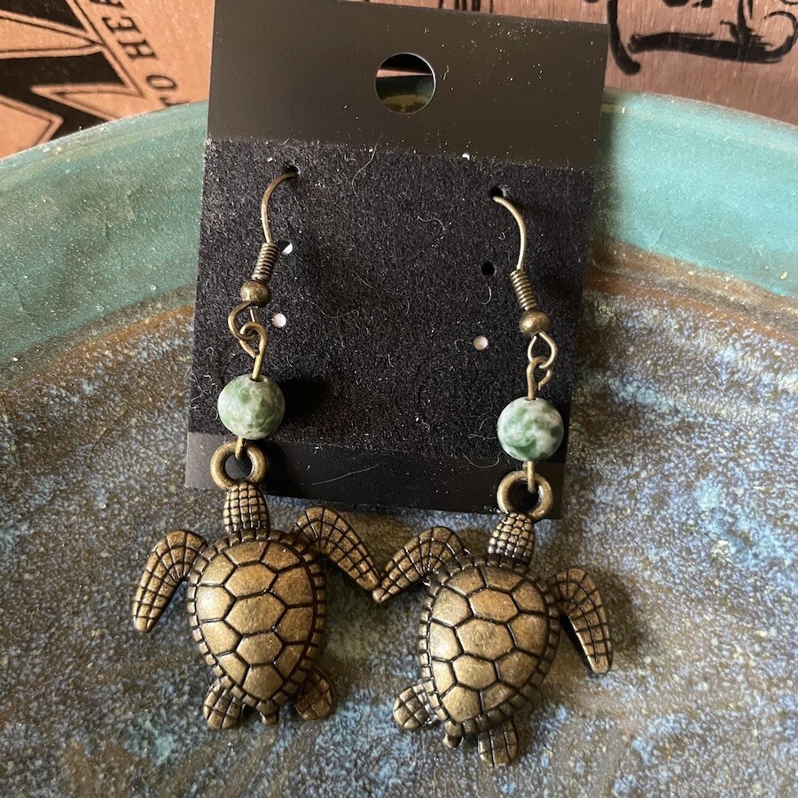Bronze Colored Turtle Earrings with Moss Agate Stones