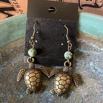 Bronze Colored Turtle Earrings with Moss Agate Stones