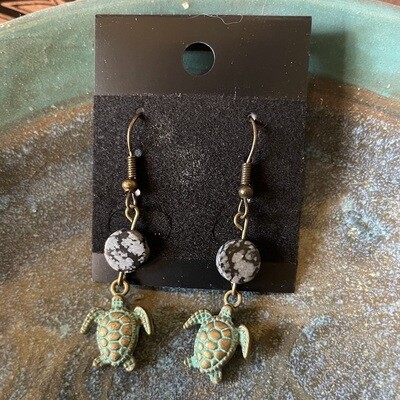 Tiny Turtle Earrings With Dalmatian Jasper Stones