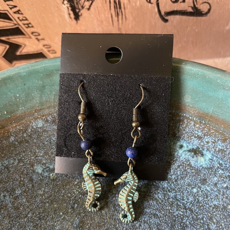 Seahorse Earrings with Lapis Lazuli Stones