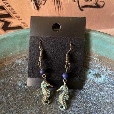 Seahorse Earrings with Lapis Lazuli Stones