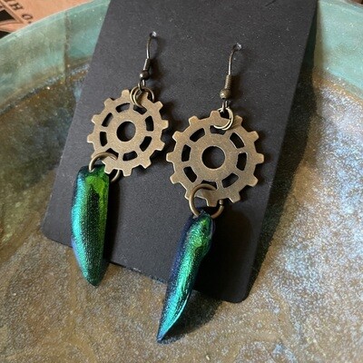 Steampunk Earrings with Gears and Beetle Wings