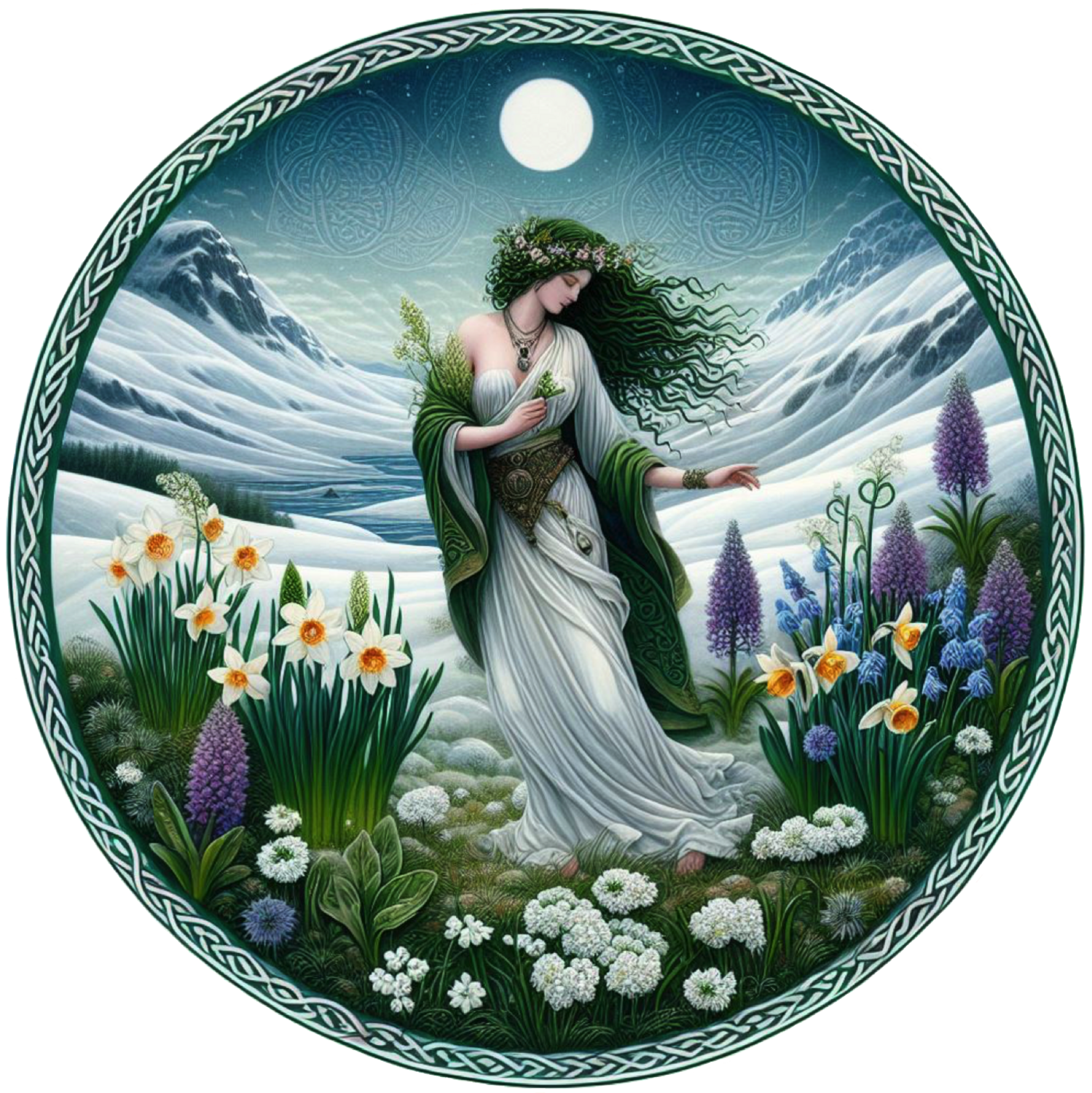 Goddess of Early Spring image from Earth Goddess Gifts, brunette goddess surrounded by spring flowers and snowy fields.