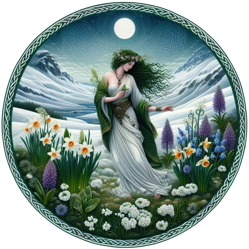 Goddess of Early Spring image from Earth Goddess Gifts, brunette goddess surrounded by spring flowers and snowy fields.