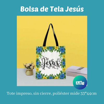 BOLSAS DE TELA JESUS  flores celestes y amarillas