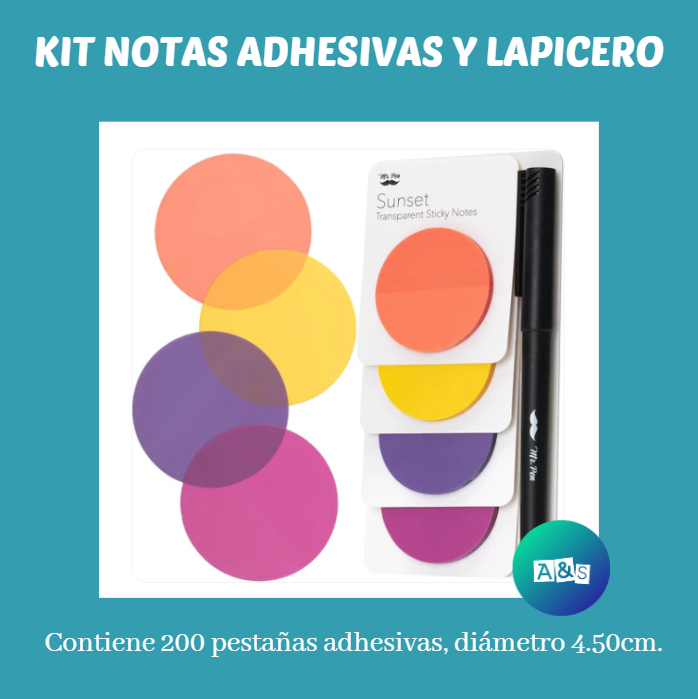 KIT NOTAS ADHESIVAS Y LAPICERO MR PEN 4 Colores   Art 200