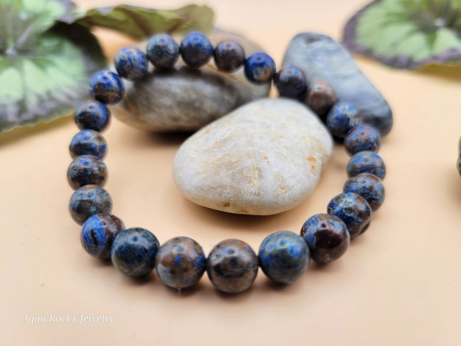 Blue and Brown Flower Agate Handmade Stretch Bracelet