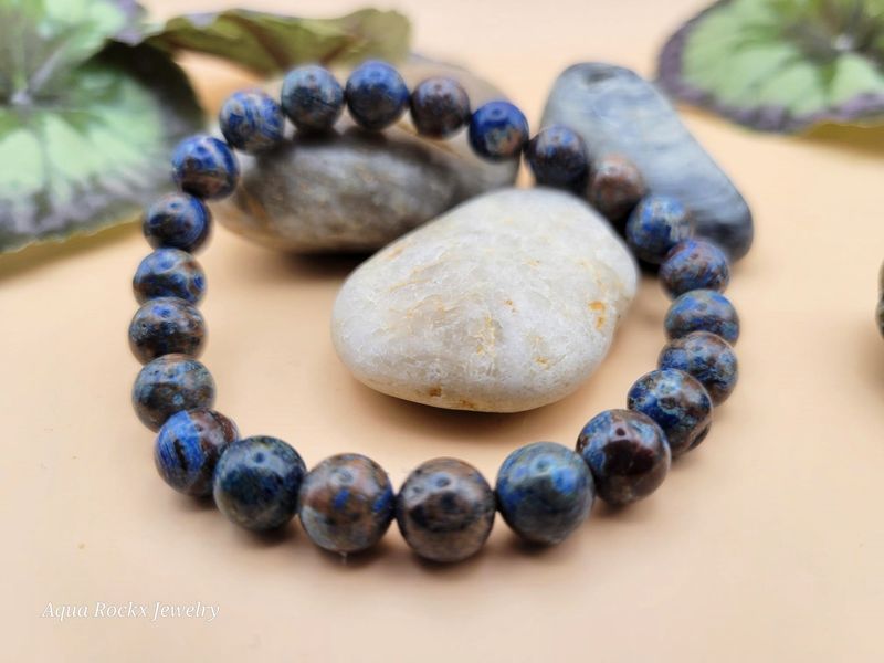 Blue and Brown Flower Agate Handmade Stretch Bracelet