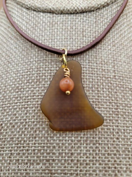 Warm Brown Natural Sea Glass with Carnelian Gemstone