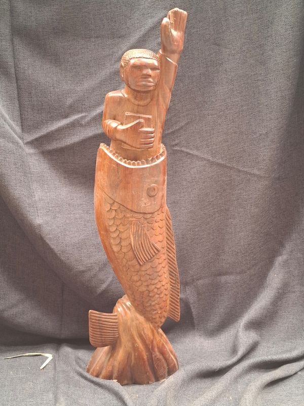 X - not for sale - Wooden sculpture - man &amp; fish