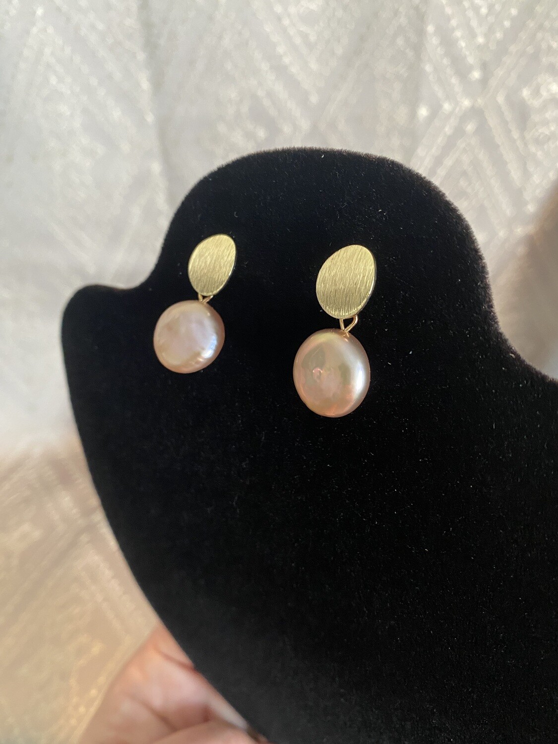 Gold, button shaped pearl earrings
