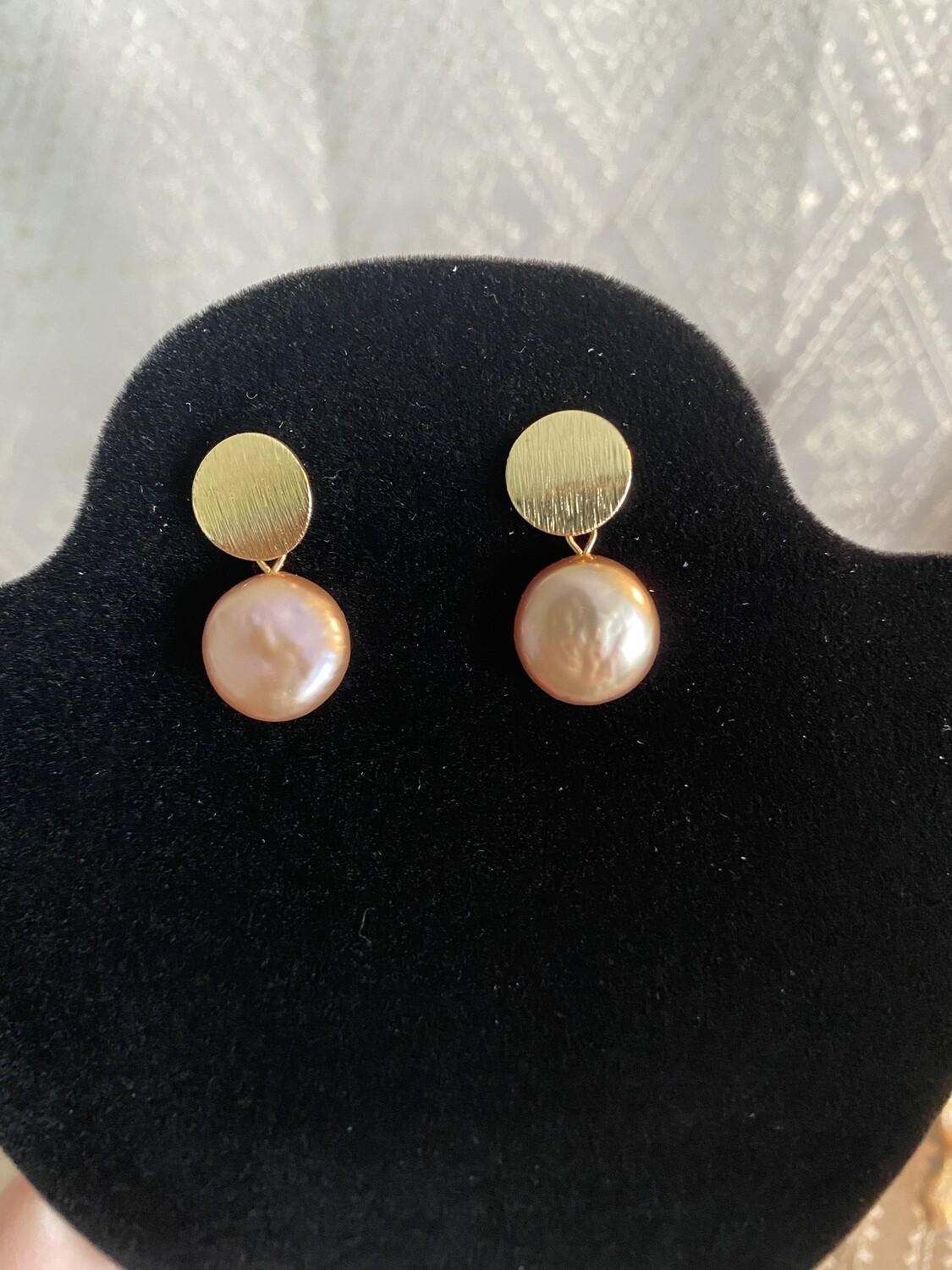 Gold, button shaped pearl earrings