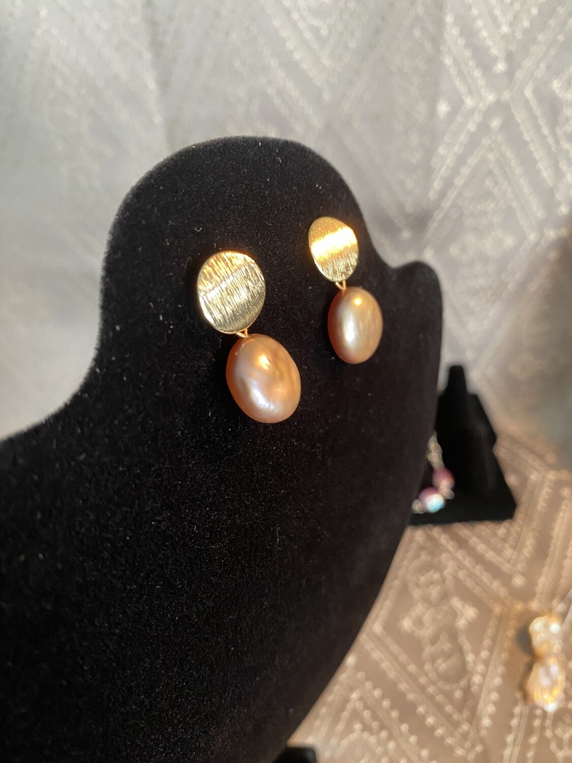 Gold, button shaped pearl earrings