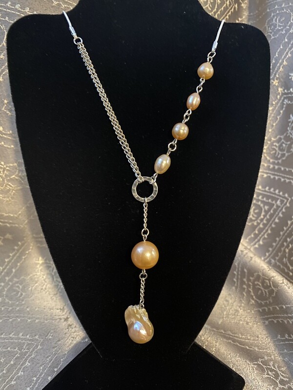 Sterling Silver &amp; Orange Pearls Modern Statement Necklace
