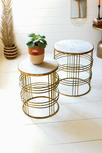 Set of 2 Brass and Marble Side Tables