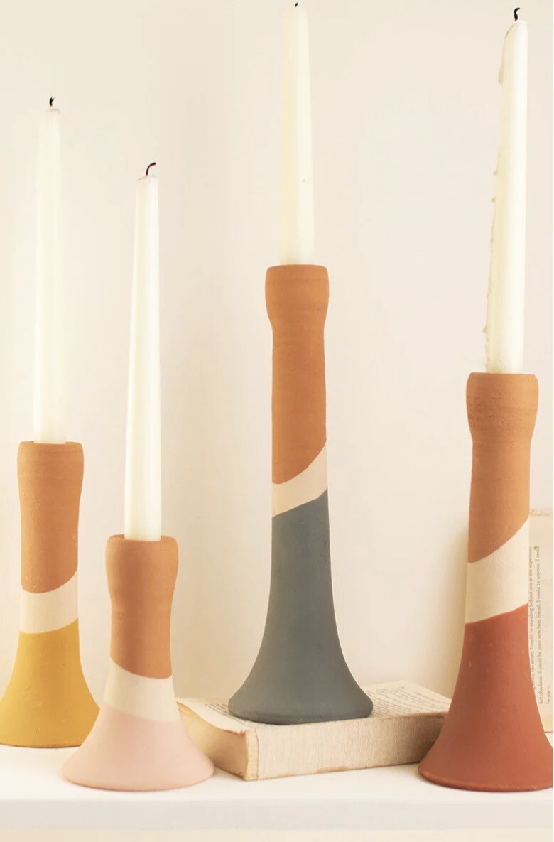 Set Of 4 Clay Taper Candleholders