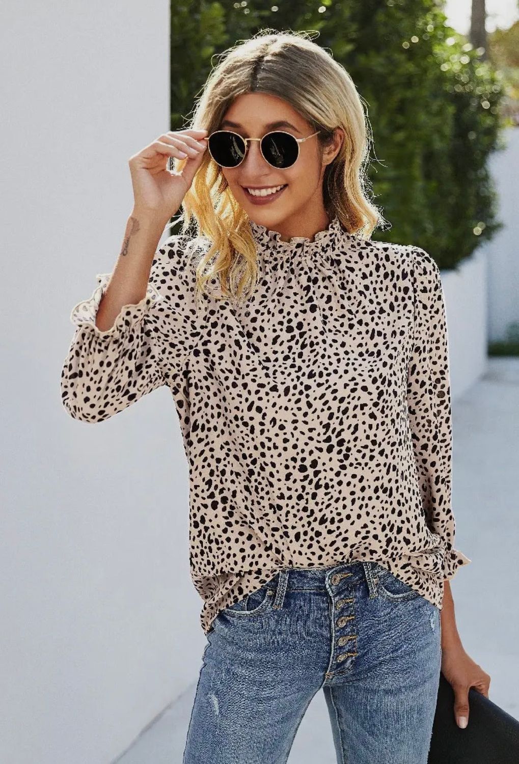 Crew Neck Animal Print Long Sleeve Blouse
