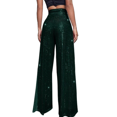 Ladies Solid Glitter Sequin Wide Leg Pants with Side Zip