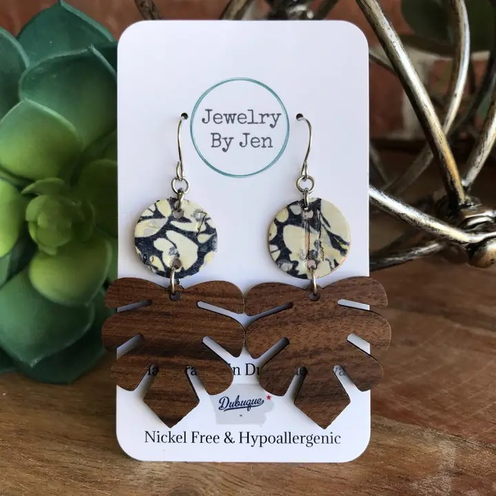 Monstera Wood and Cork Earring