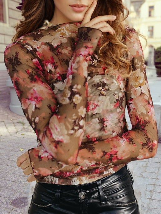 Long Sleeve Floral Mesh Top