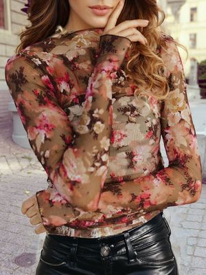 Long Sleeve Floral Mesh Top