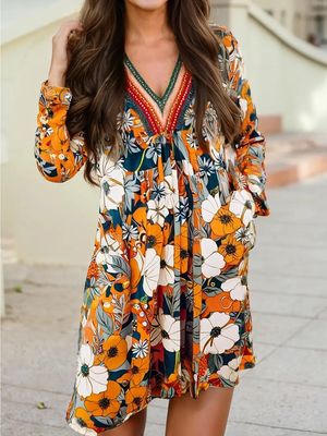 Floral Print Striped Long Sleeve Mini Dress
