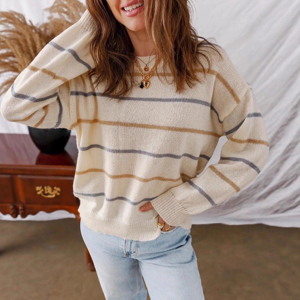 Striped Loose Fit Pullover Sweater - Apricot