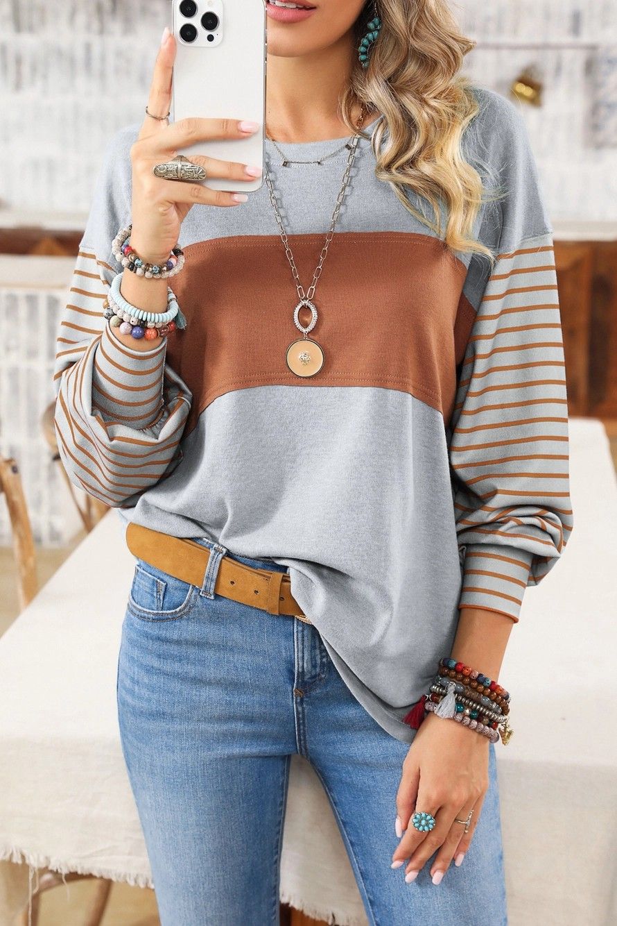 Striped Color Block Gray/Rust Long Sleeve
