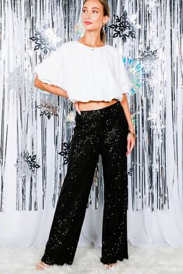 Sequin Wide Leg Pants Elastic Waist