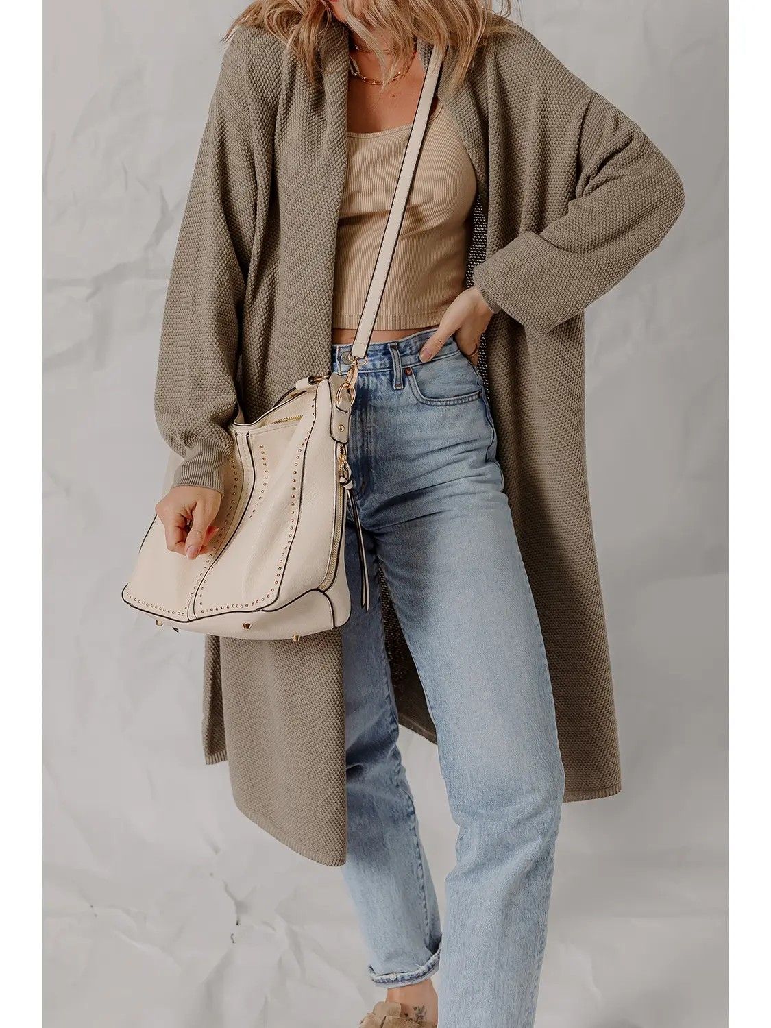 Textured Knit Open Oversize Midi Sweater Cardigan