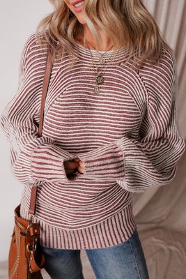 Striped Print Ribbed Sweater With Boat Neck