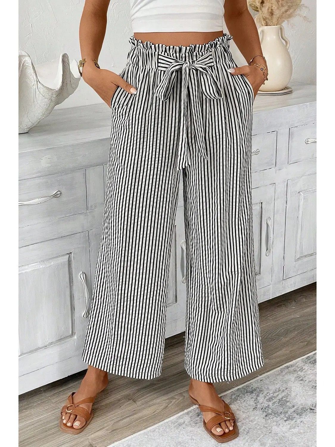 Striped Tie Wide Leg Pants
