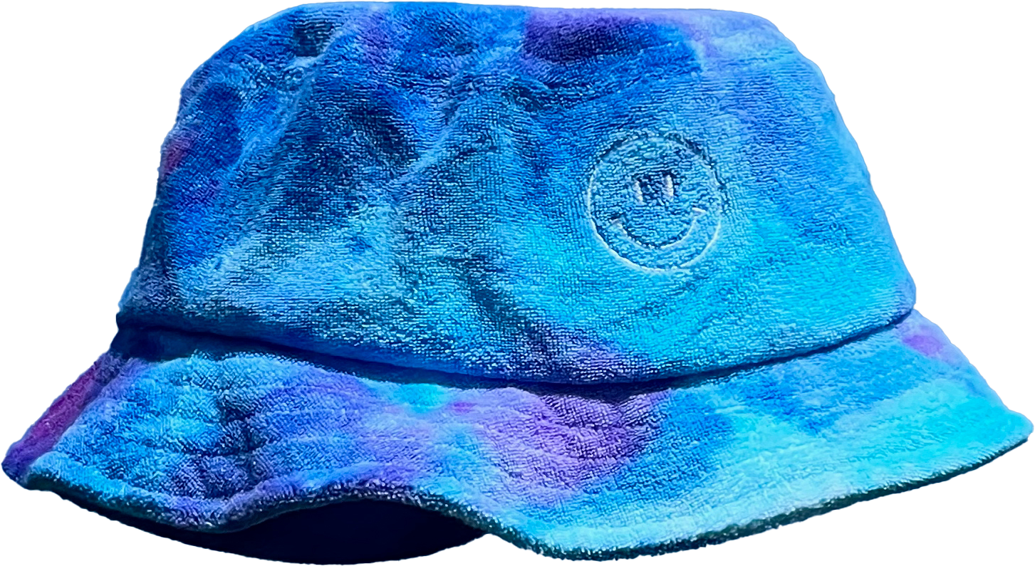 Ice Dyed Smiley Embroidered Terry Cloth Bucket Hat, Color: Blue Dream