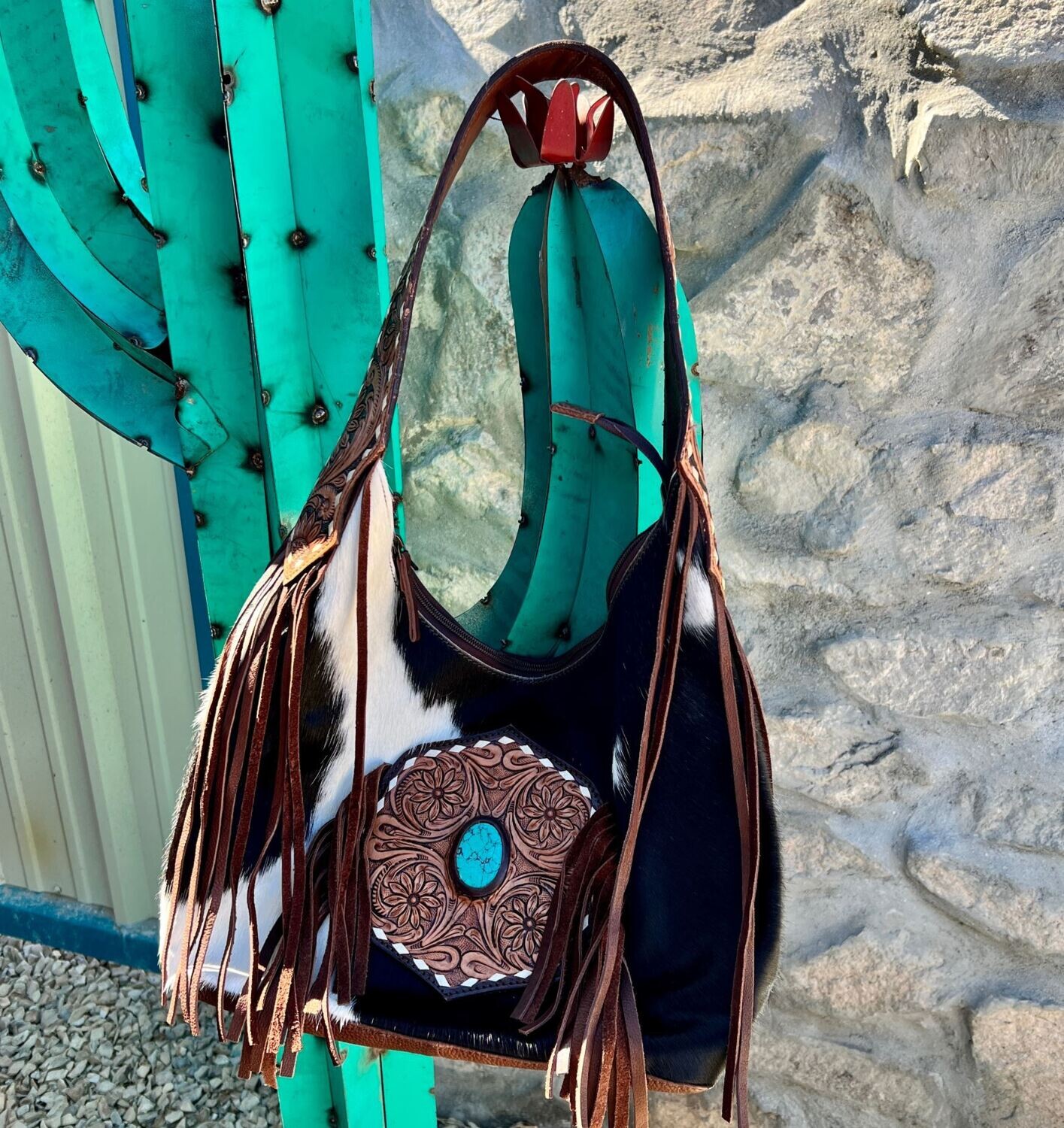 American Darling Black White Cowhide Shoulder Bag with Side Fringe & Tooled Leather with Turquoise Stone 