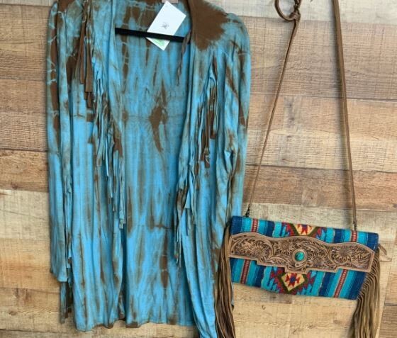 Turquoise Fringe Dyed Jacket Kimono - L