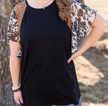 Black Top with Cow Print Leather Flowing Sleeves - M