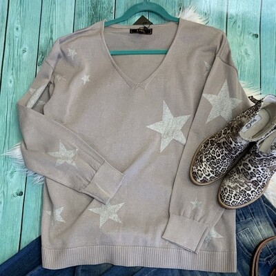 Grey V Neck Sweater with Silver Stars - S