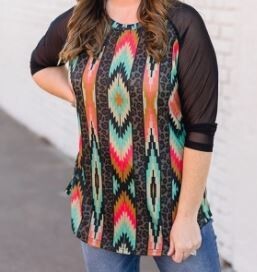 Kalloway Aztec Top with Sheer 3/4 Sleeves - M