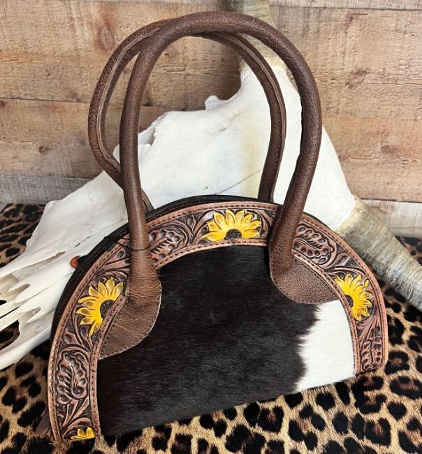 American Darling Cowhide Satchel Bag with Tooled Leather & Sunflowers 