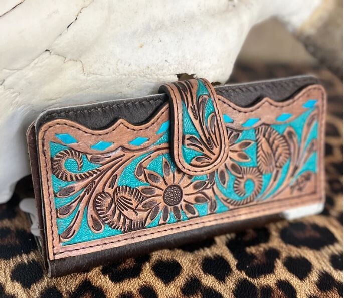 American Darling Cowhide Wallet with Tooled Leather - Teal Tooled