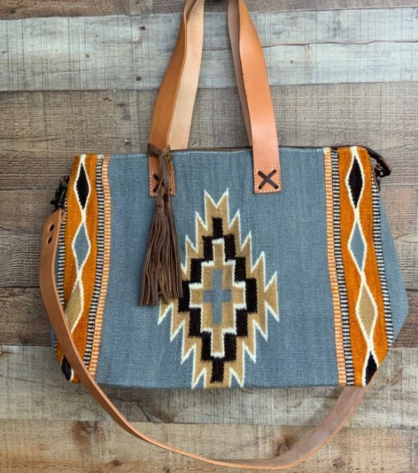 American Darling Gray Saddle Blanket Tote Bag with Leather Handles & Straps 