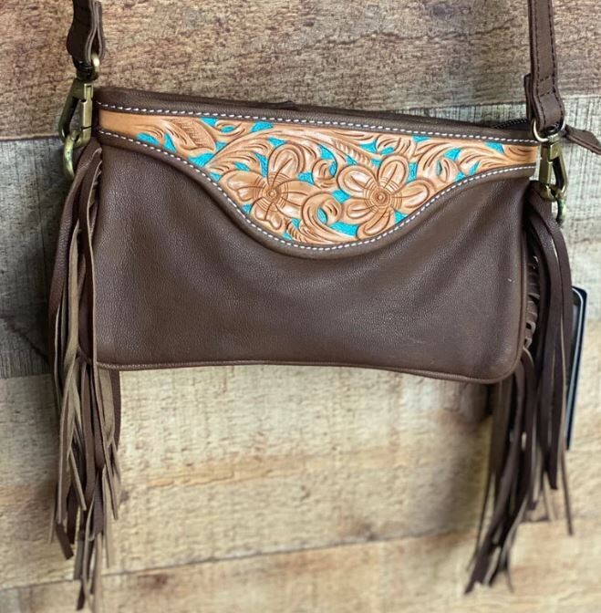 American Darling Dark Brown Crossbody with Tooled Leather and Fringe - Regular