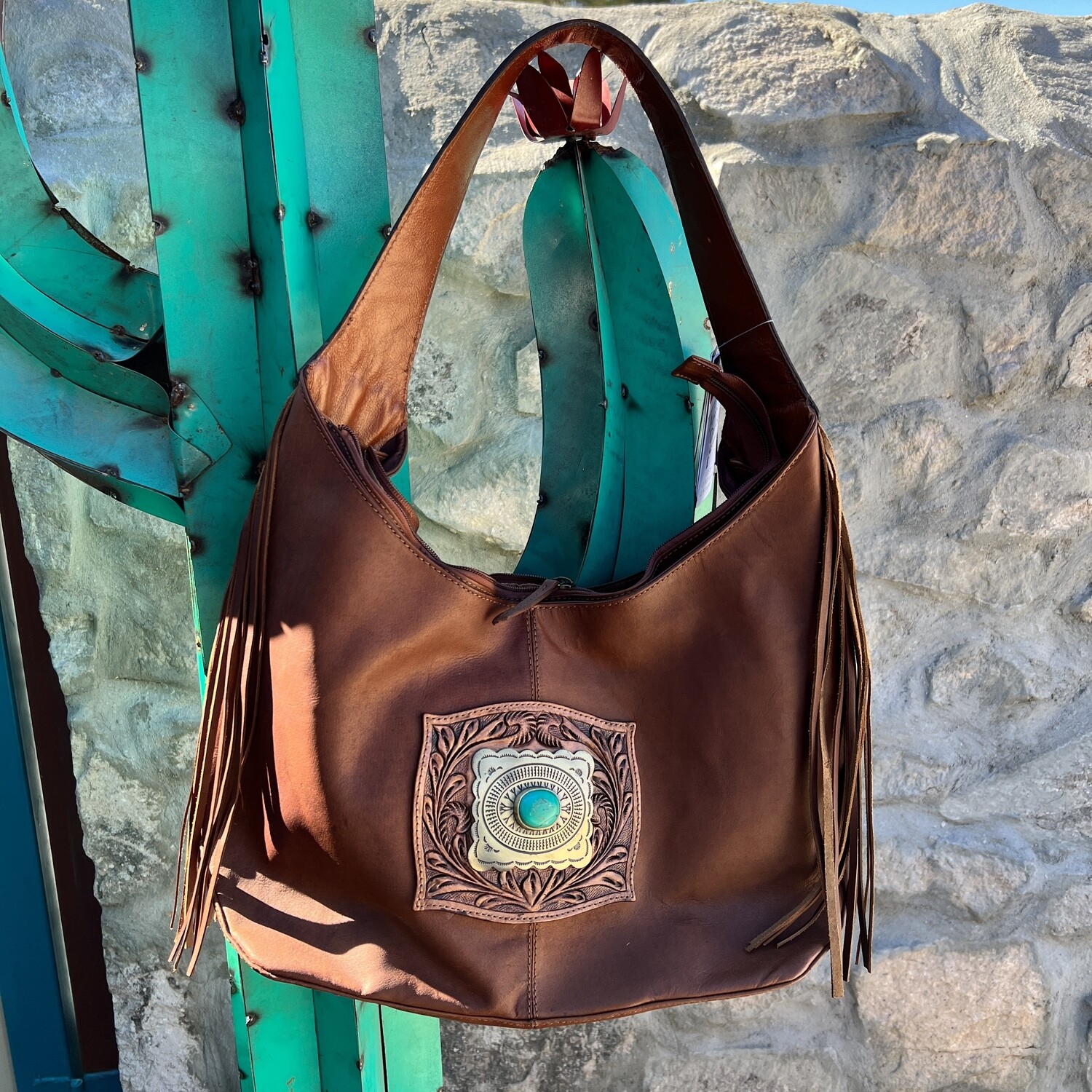 American Darling Leather Shoulder Bag with Concho Turquoise Stone and Fringe