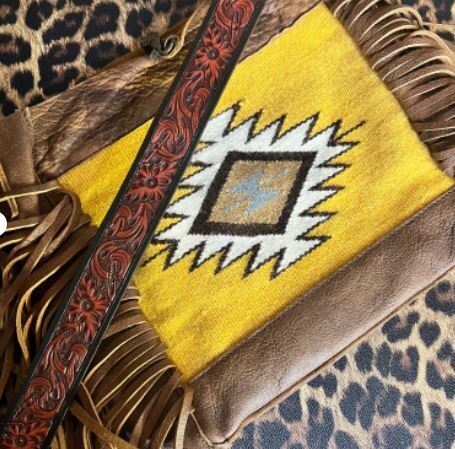 American Darling Mustard Aztec Saddle Blanket Tote with Fringe