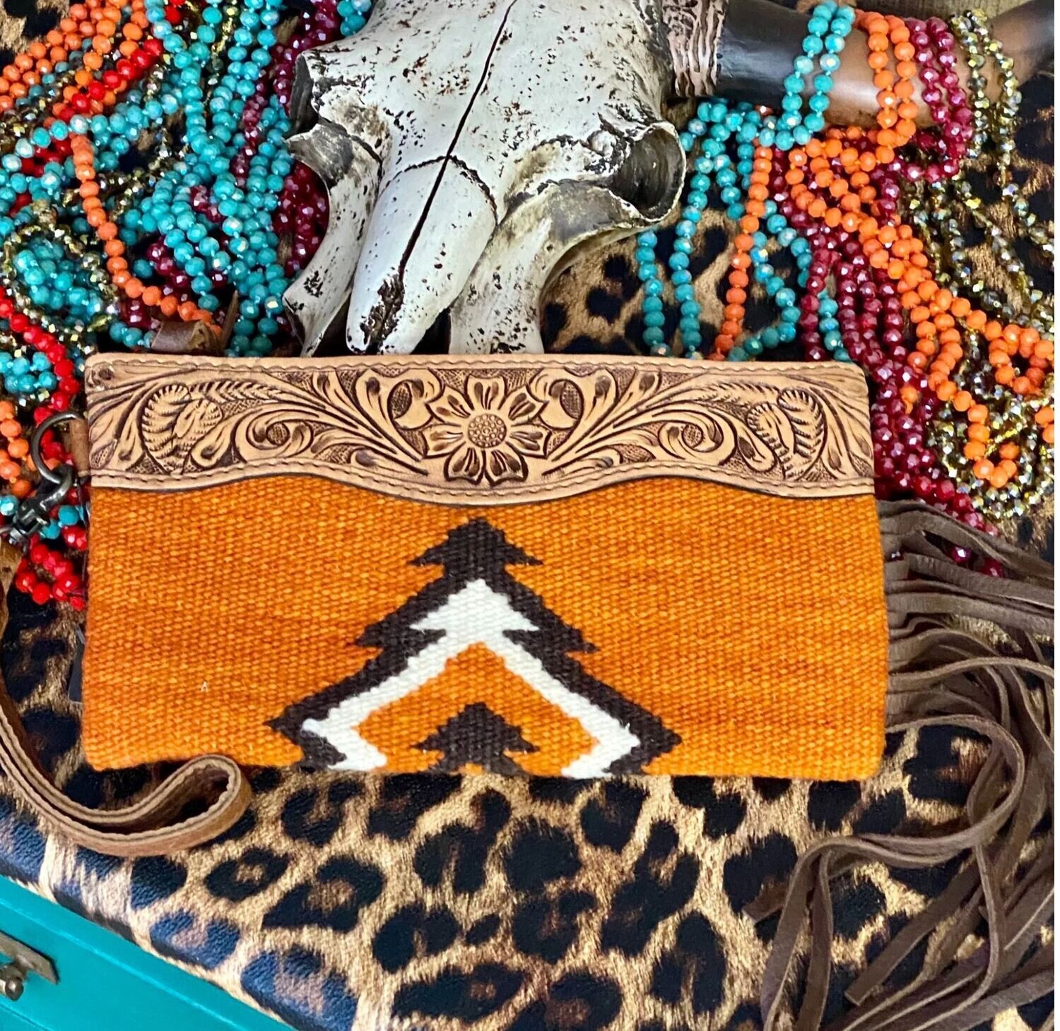 American Darling Rust Saddle Blanket Wristlet with Fringe and Tooled Leather