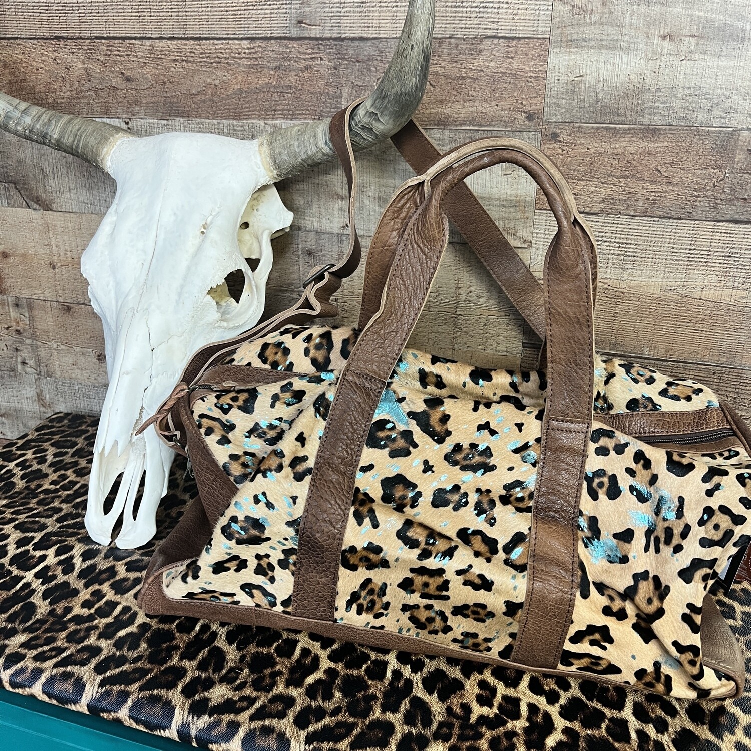 American Darling Leopard Hide Duffle Bag with Turquoise Wash 