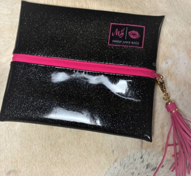 Make Up Junkie Bags Medium - Black Glitter w/ Pink